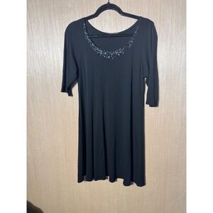 Eileen Fisher Black Dress 3/4 Sleeve Silk Embellished Neckline Women's